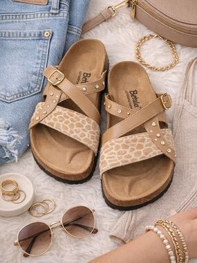 Betula Birkenstock Sandals Sz 9 Tan Animal Print Rhinestone Comfort